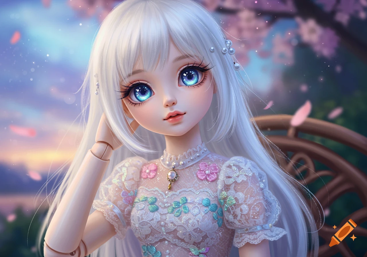 Anime style ball-jointed doll with white hair, big blue eyes, wearing a lace dress, in a dreamy cherry blossom setting.