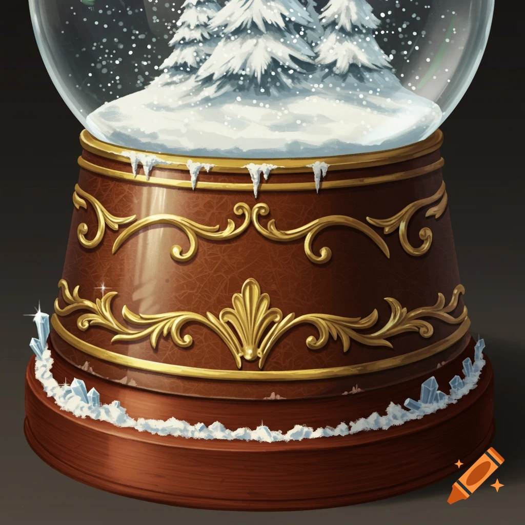 A close-up of a decorative snowglobe base, featuring ornate gold scrollwork on a rich brown, textured surface, with icicles and ice crystals at the bottom.