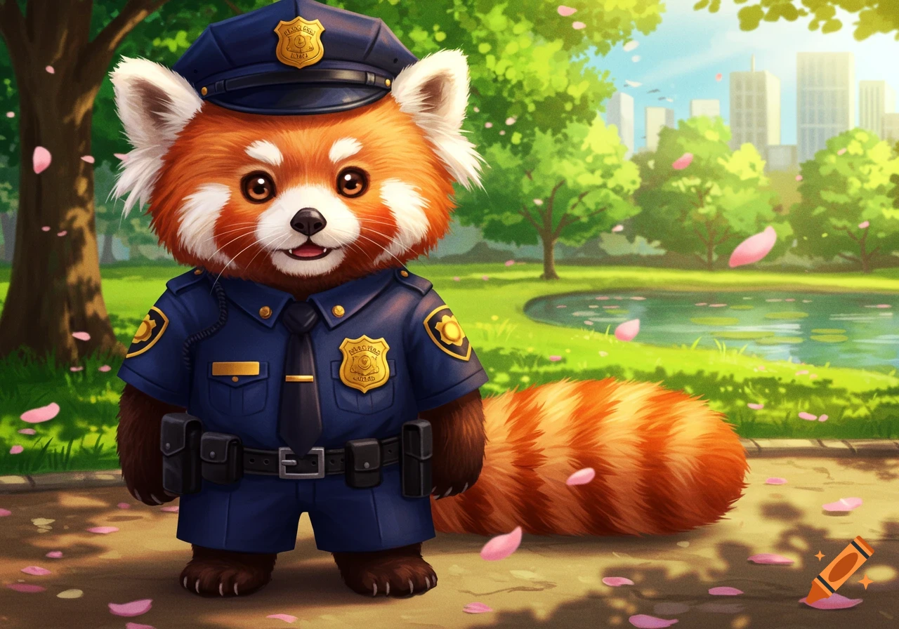 A cute, fluffy red panda in a blue police uniform with a hat and badges stands in a sunny park with pink petals. Illustration.