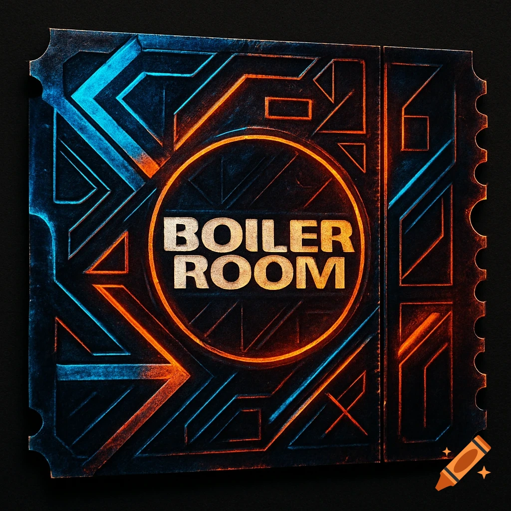 Dark, square digital ticket with glowing blue and orange geometric patterns and 'BOILER ROOM' text in the center.