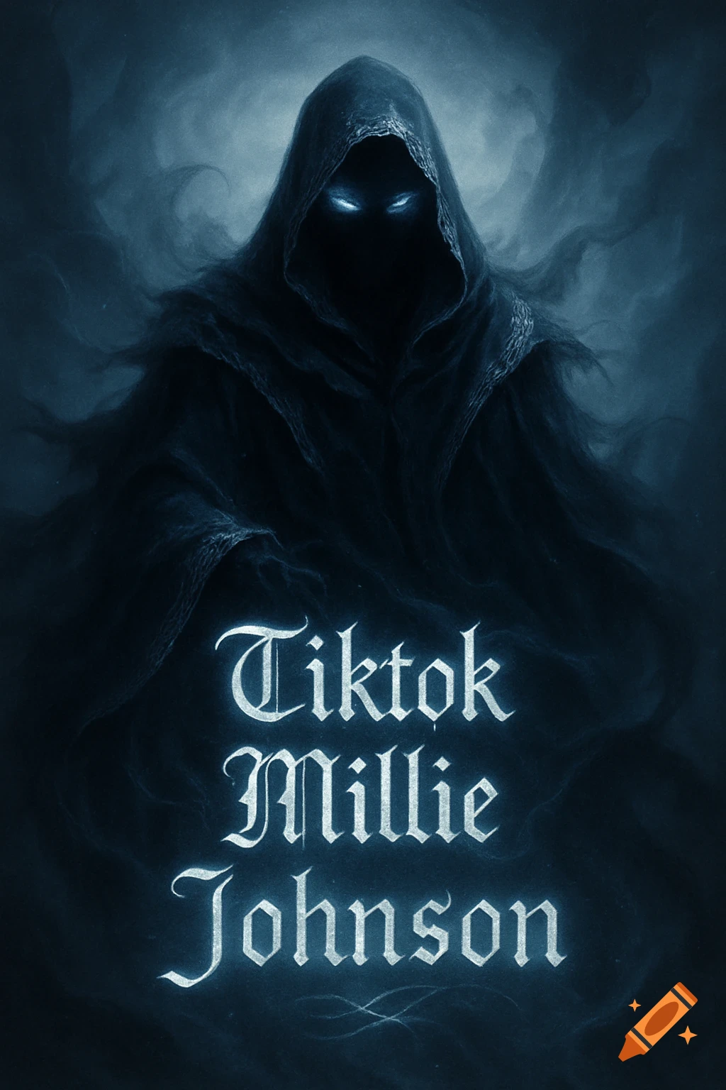 Dark, hooded reaper-like figure with glowing blue eyes, and 'Tiktok Millie Johnson' text.
