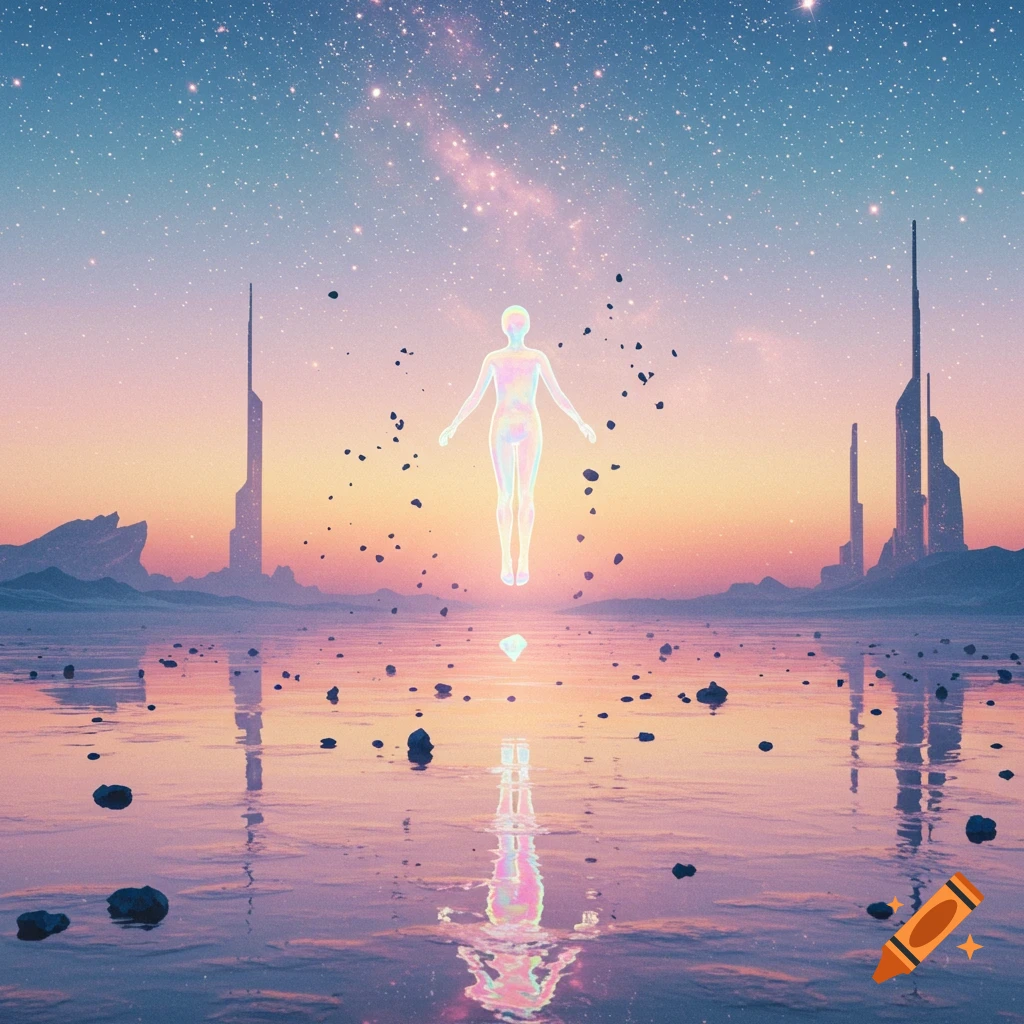 Ethereal figure floats over reflective water under a cosmic sky with futuristic cityscapes, dreamlike style.