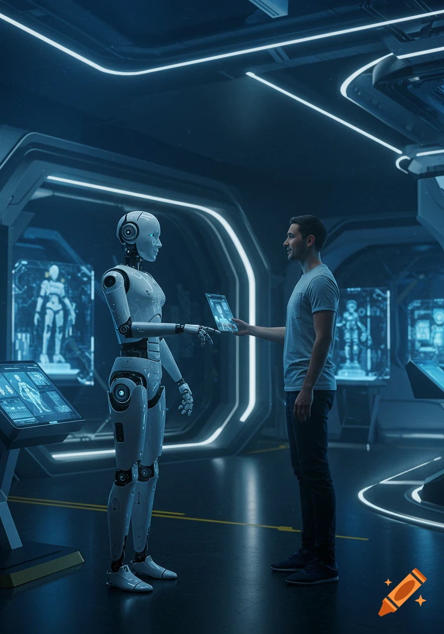 A man and a white humanoid robot interact, exchanging data on a holographic tablet in a futuristic, neon-lit AI research lab.