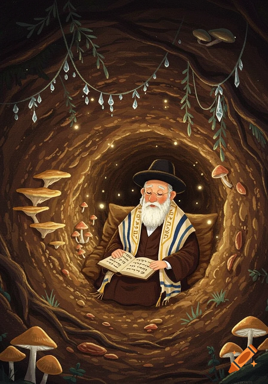 A bearded rabbi in a black hat and tallit reads a book in a glowing fantasy burrow filled with mushrooms and crystals, in an illustrated style.