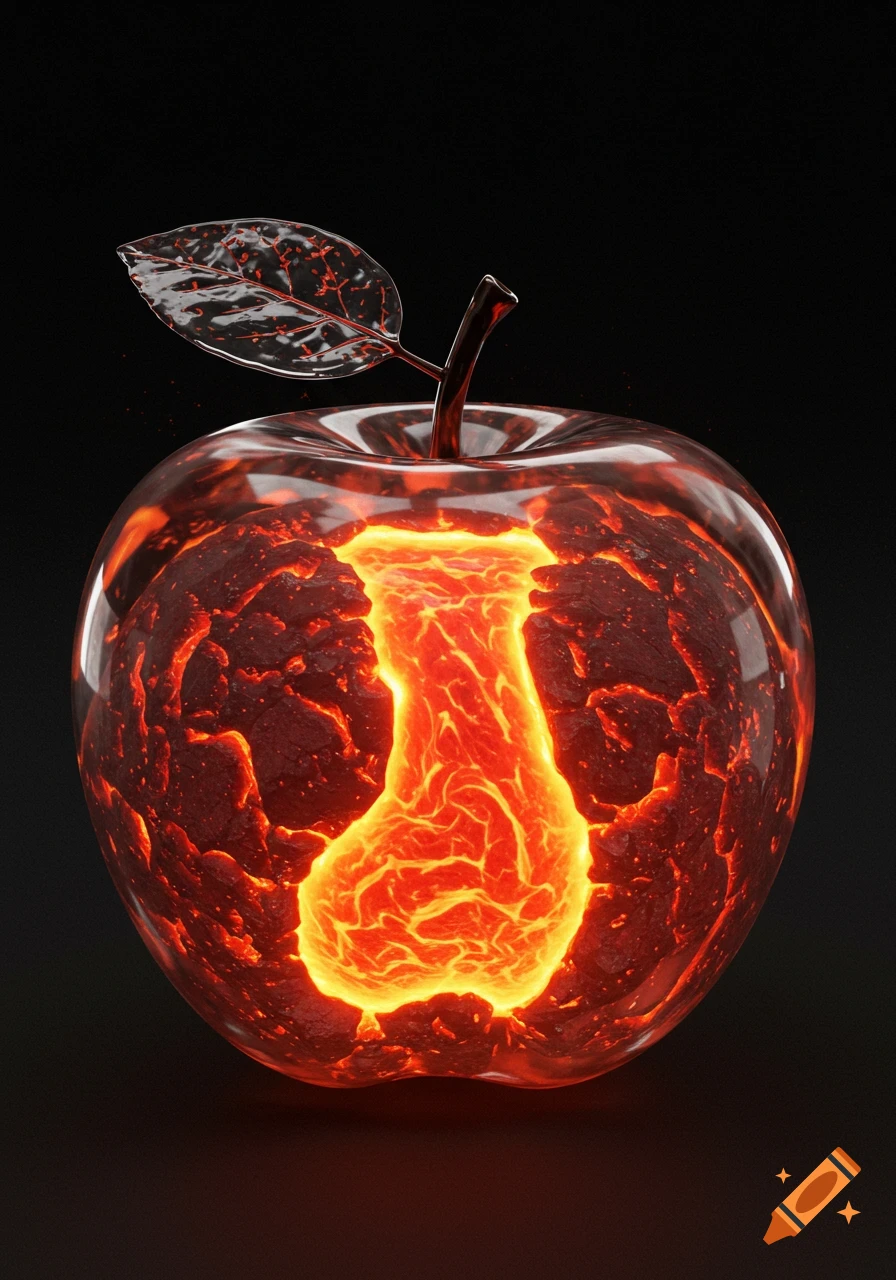 A transparent glass apple, with a dark stem and leaf, contains glowing red-orange lava flowing inside, set against a dark background.