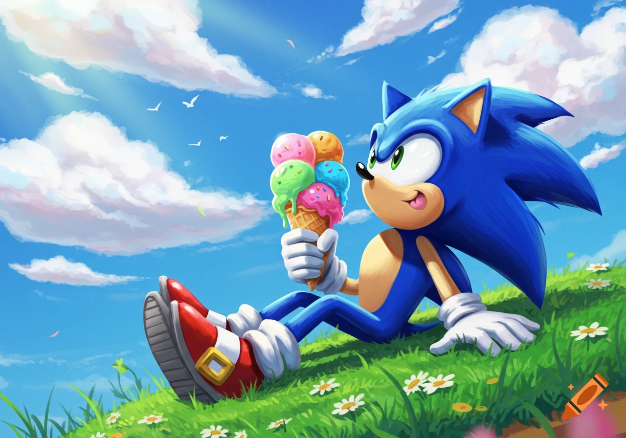 Sonic the Hedgehog sits on a grassy hill, happily holding a colorful multi-scoop ice cream cone under a bright blue sky.