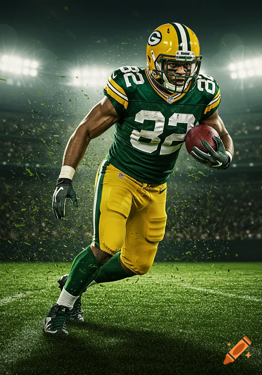 A dynamic shot of an American football player in a green and yellow uniform, holding the ball and running on a stadium field under bright lights.