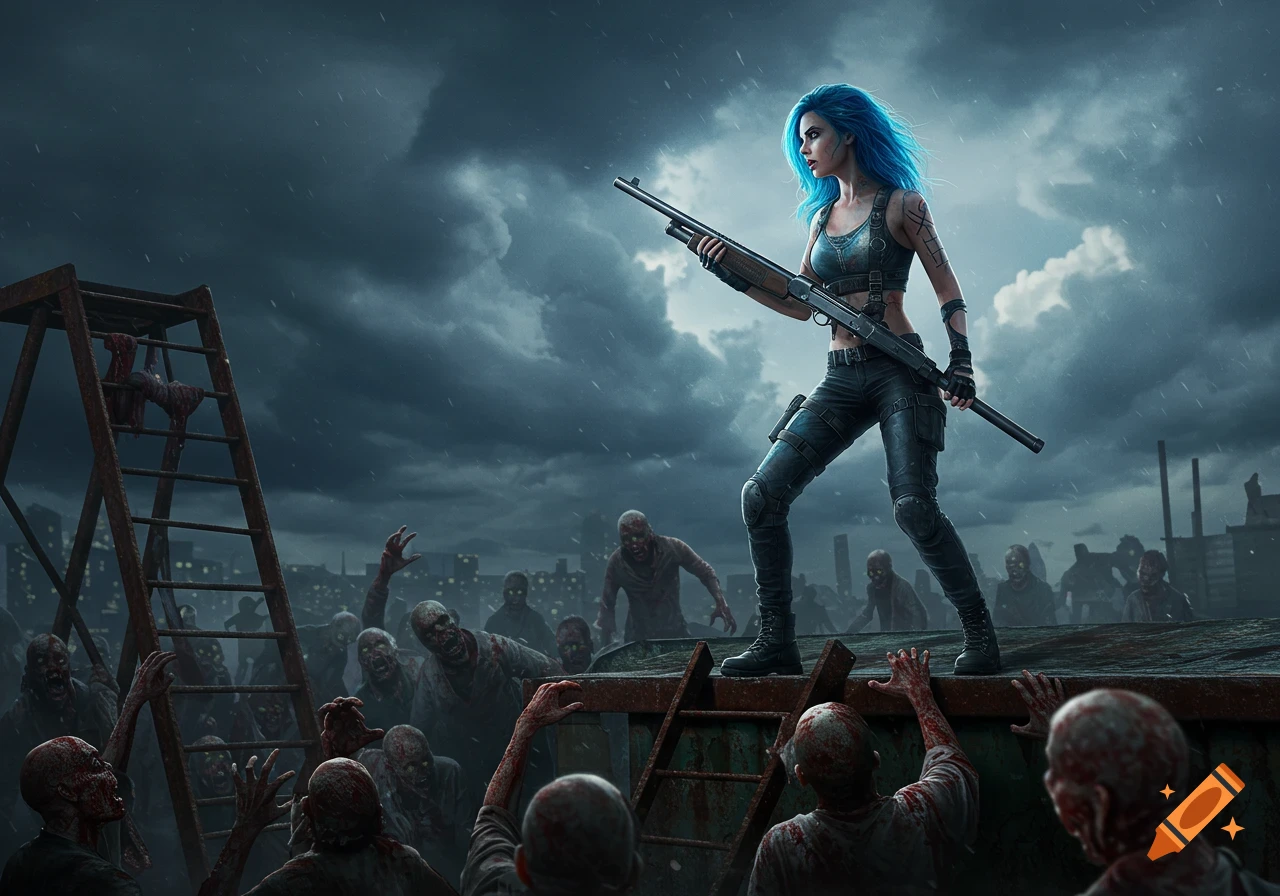 A blue-haired woman with a shotgun stands on a rooftop, looking defiantly at a horde of zombies in a gritty, rainy city.