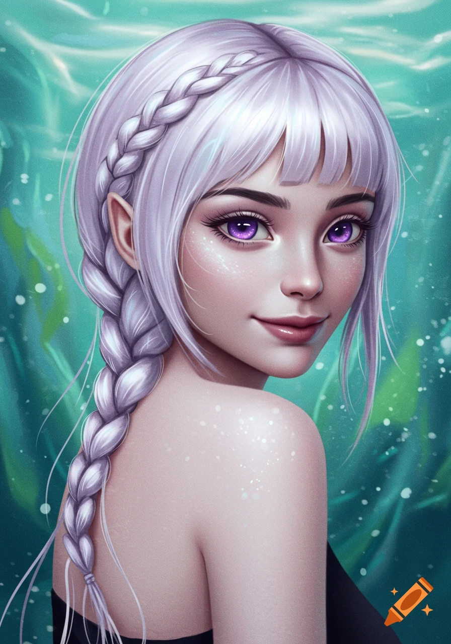 Digital painting of a young woman with lavender hair, purple eyes, and a braid, smiling against a teal background.