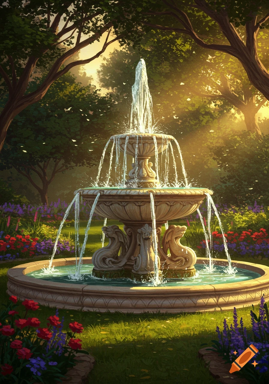 A beautiful, ornate stone water fountain in a lush, sunlit garden with colorful flowers, in a painterly style.