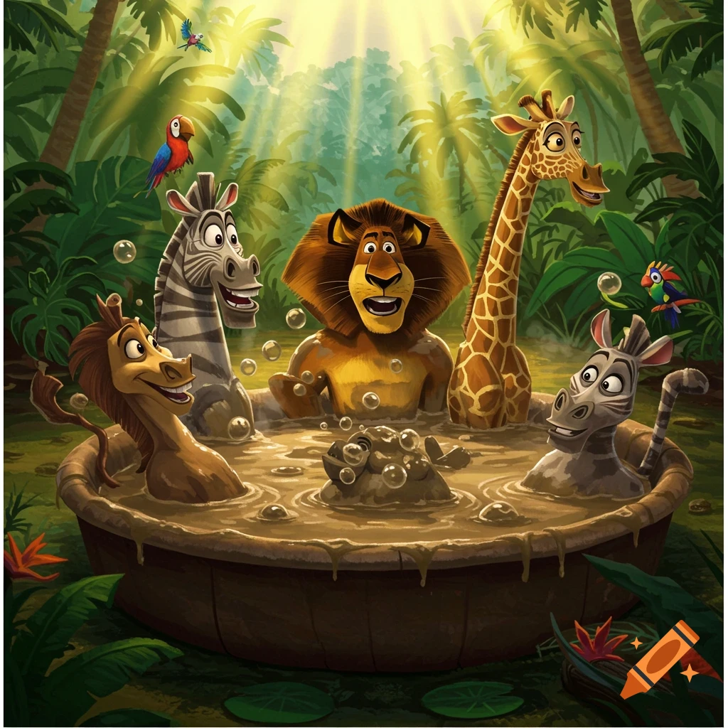 Animated Madagascar characters Alex the lion, Marty the zebra, Melman the giraffe, and another zebra enjoy a mud bath in a sunny jungle.
