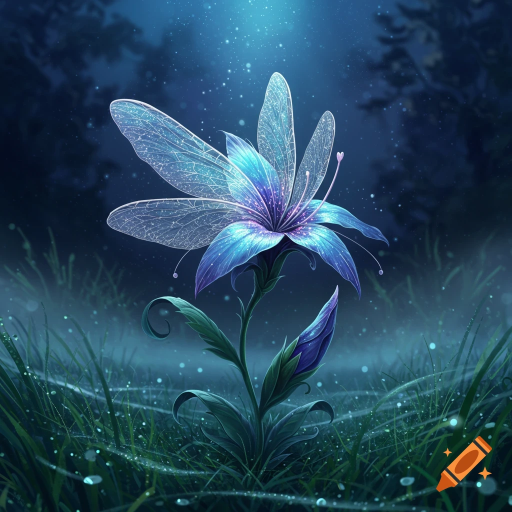 A magical blue and purple fantasy flower with translucent, wing-like petals glows in a dark, misty forest with sparkling light.