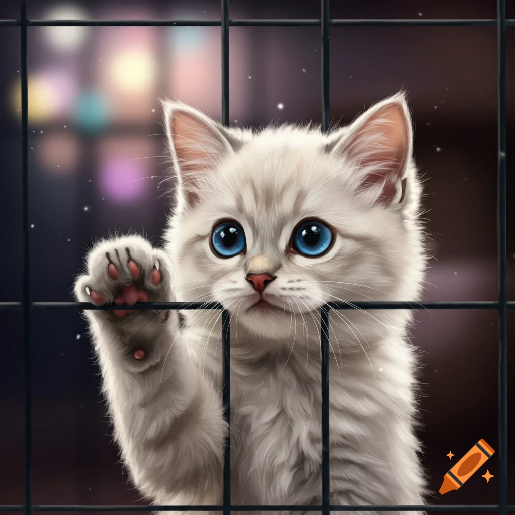 Cute fluffy white kitten with blue eyes reaching paw through cage bars, digital illustration.