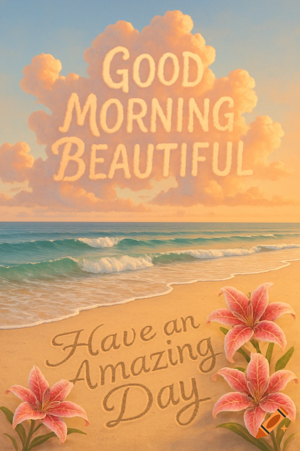 A serene beach scene with 'GOOD MORNING BEAUTIFUL' in the clouds and 'Have an Amazing Day' in the sand, flanked by pink lilies.