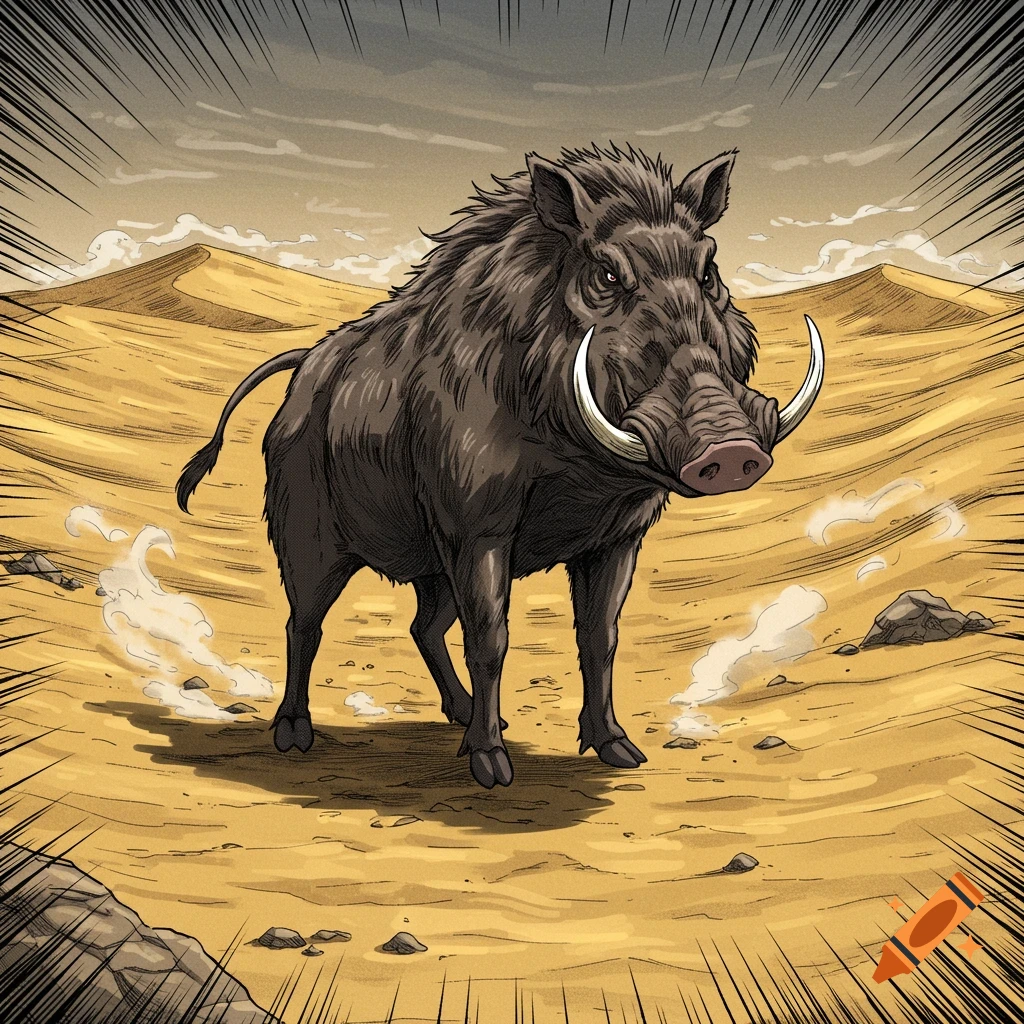 A fierce, dark wild boar with large tusks stands in a sandy desert under a cloudy sky, drawn in manga style with speed lines.