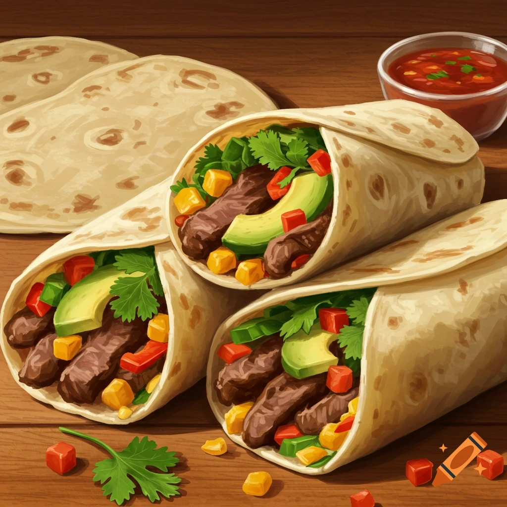 Illustrative image of three open burritos filled with steak, avocado, and vegetables, with salsa on a wooden table.