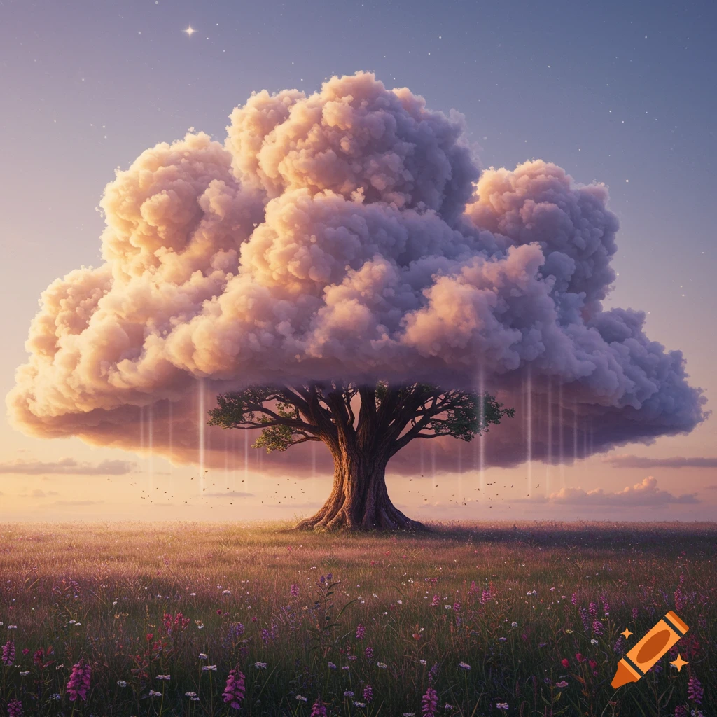 A majestic tree with a fluffy cloud canopy in a vibrant wildflower field at sunset, with ethereal light rays.