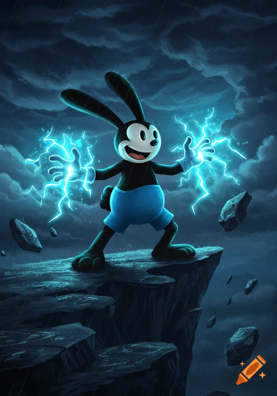 Oswald the Lucky Rabbit on a stormy cliff, generating blue lightning from his hands, cartoon art style.