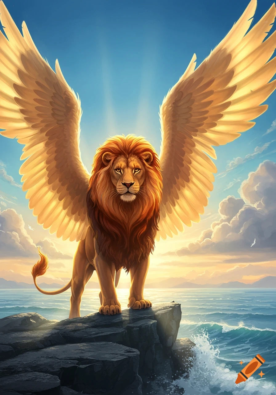A majestic golden-winged lion stands on a rocky cliff overlooking a sunlit ocean, under a bright blue and cloudy sky.