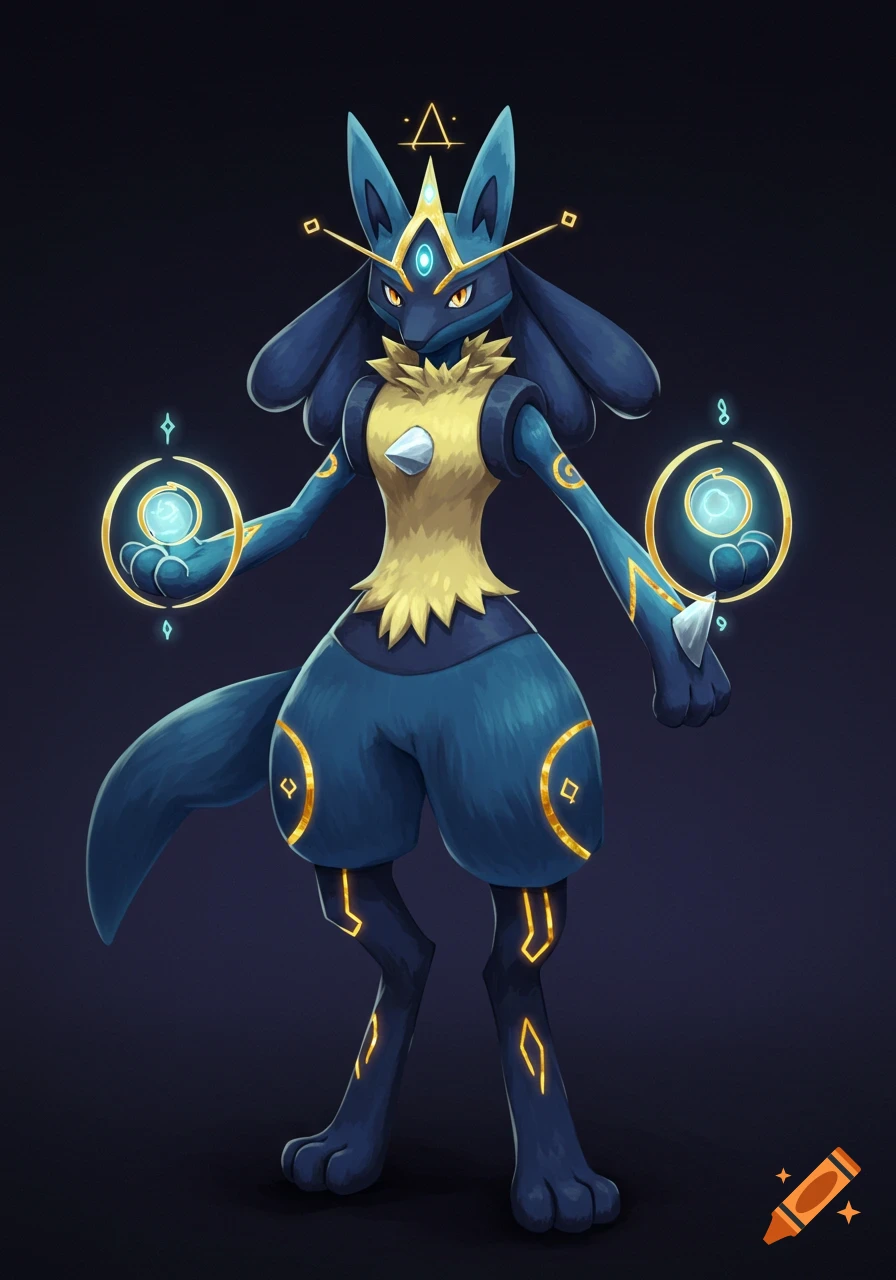 A majestic blue, canine-like creature with golden rune markings and a crown, holds glowing blue orbs of aura.