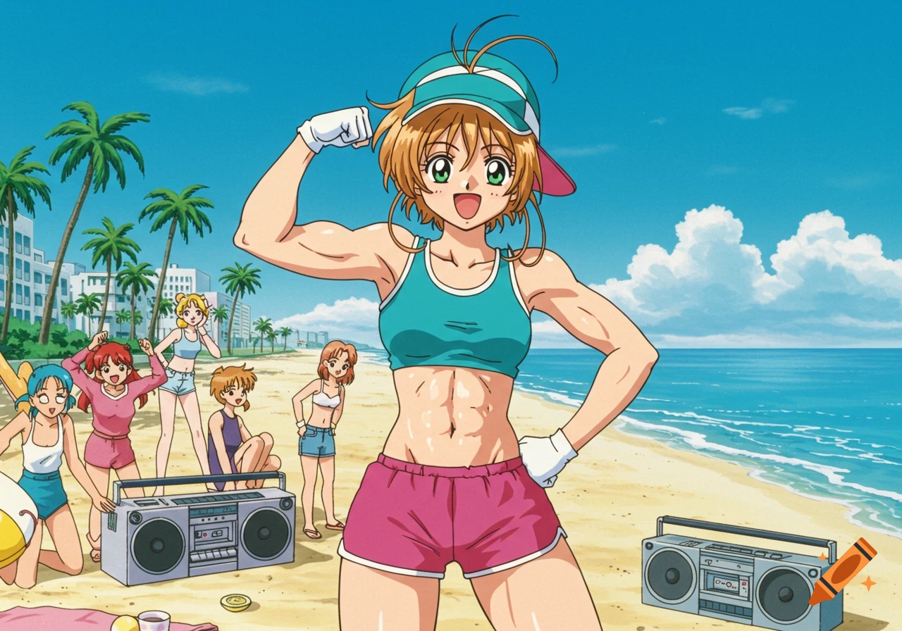 A muscular Cardcaptor Sakura in 90s anime style flexing her bicep on a sunny beach with friends and boomboxes.