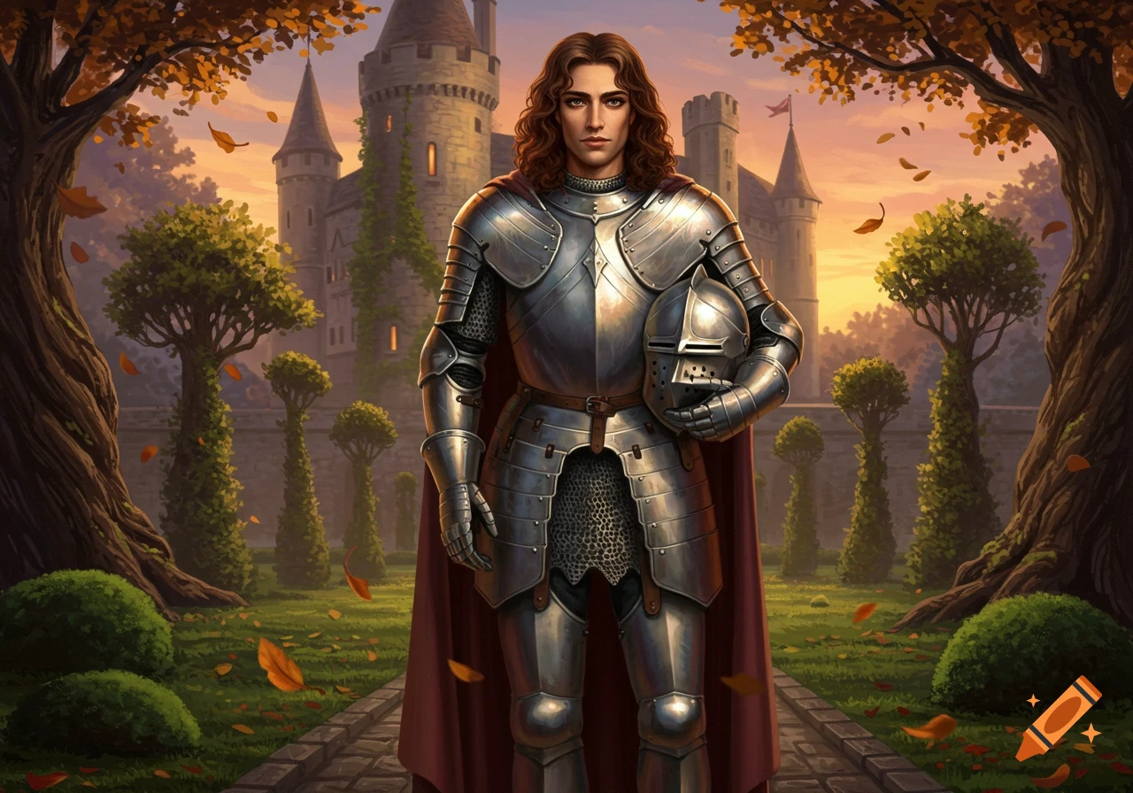 A knight in shining armor with long brown hair stands in an autumn castle garden, holding a helmet, against a sunset sky.