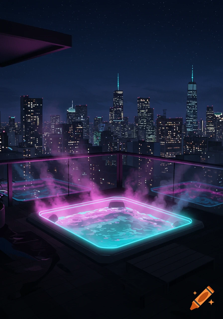 A vibrant neon hot tub steams on a high-rise rooftop, overlooking a city skyline lit up at night under a starry sky.