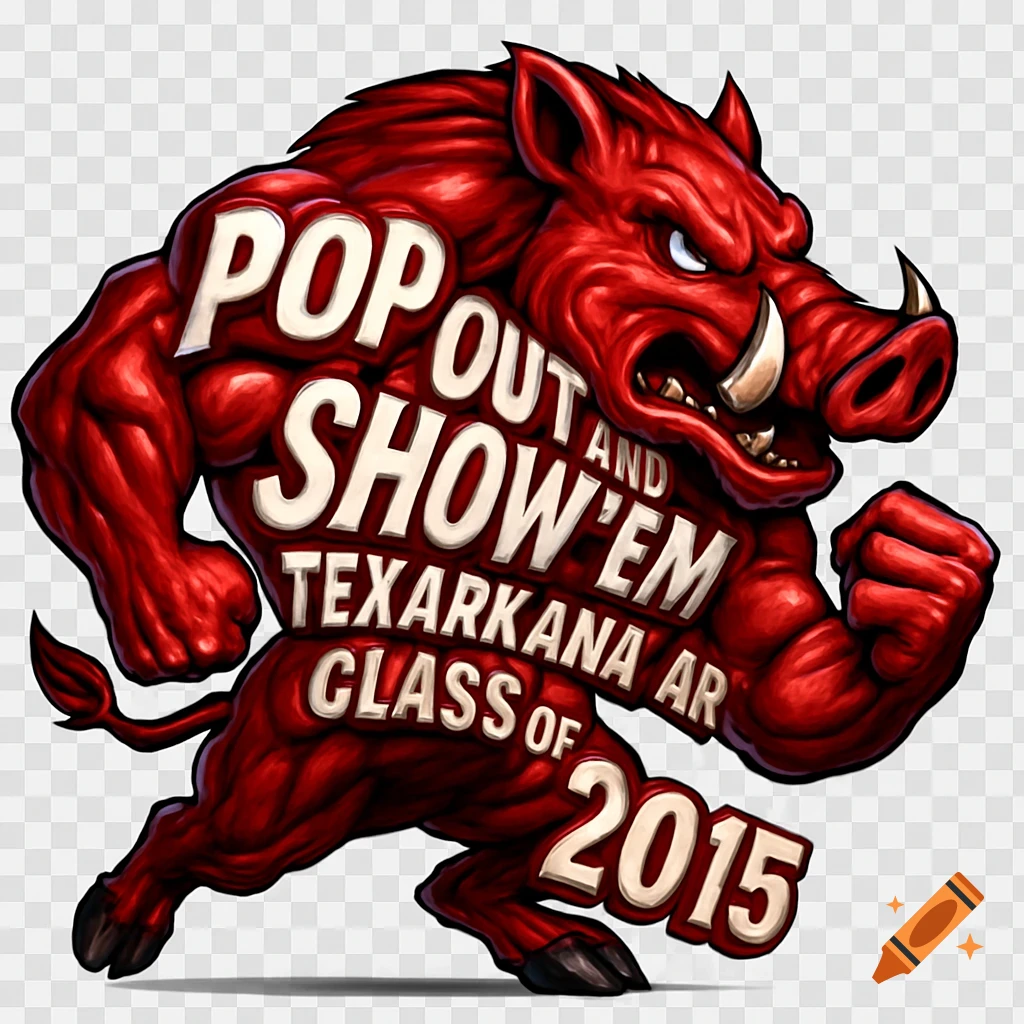 Muscular red razorback mascot with text 'POP OUT AND SHOW'EM TEXARKANA AR CLASS OF 2015' on a transparent background.