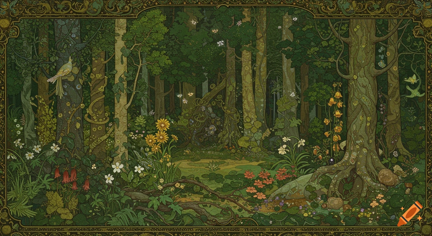 A highly detailed Art Nouveau illustration of a vibrant, lush forest with dense trees, intricate plants, flowers, and a stylized bird.