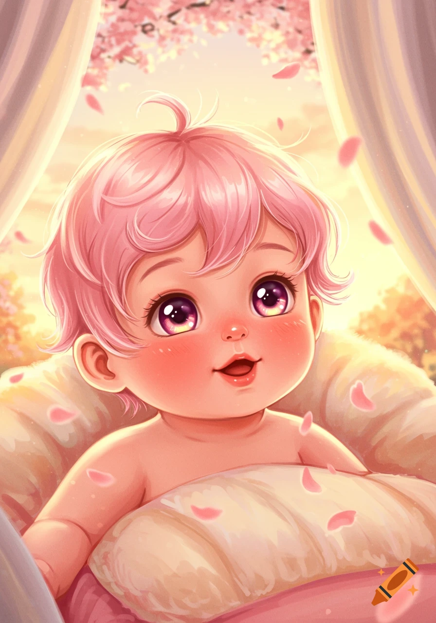 An adorable anime-style baby with pink hair and big purple eyes smiles amidst falling pink cherry blossom petals.
