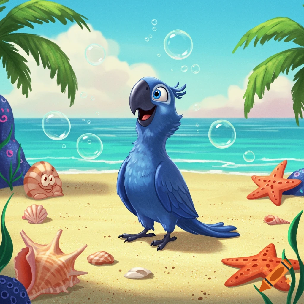 A cartoon blue parrot stands on a sandy beach with seashells and starfish, under a clear sky with palm trees and bubbles.
