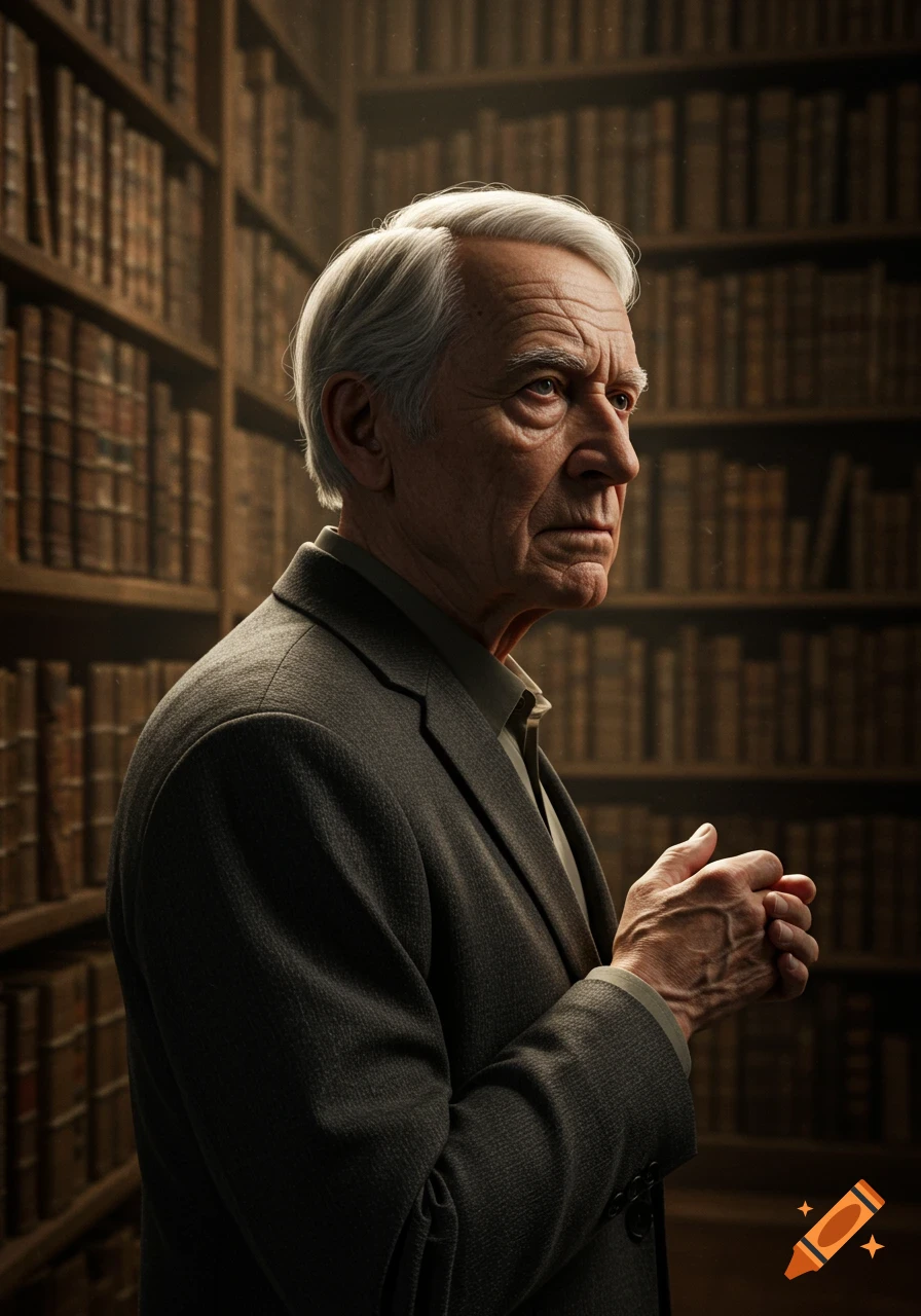 Photorealistic portrait of a pensive elderly man with gray hair, hands clasped, in a dimly lit library.