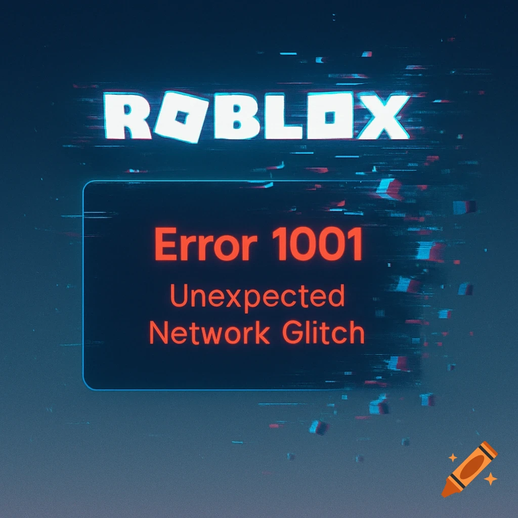 A digital Roblox error screen displays 'Error 1001 Unexpected Network Glitch' with a blue glitch effect.