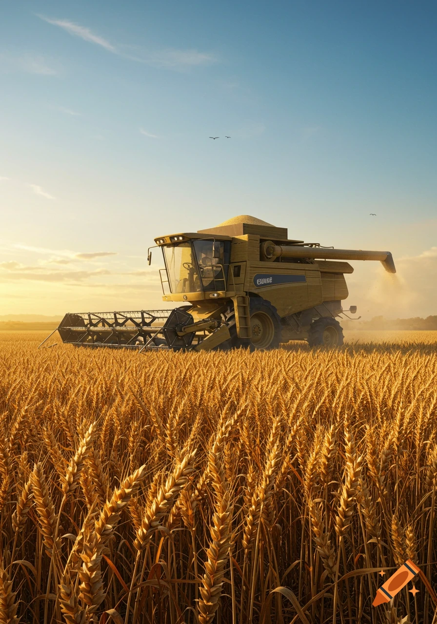 A photorealistic combine harvester works in a golden wheat field at sunset under a blue sky.
