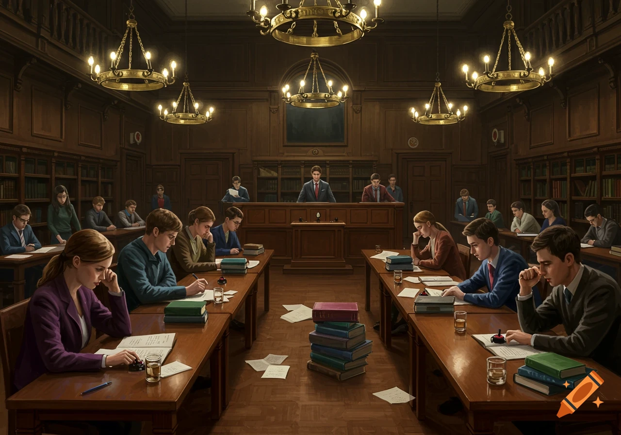 Students taking a test or participating in a quizbowl in a large, wood-paneled room with chandeliers.