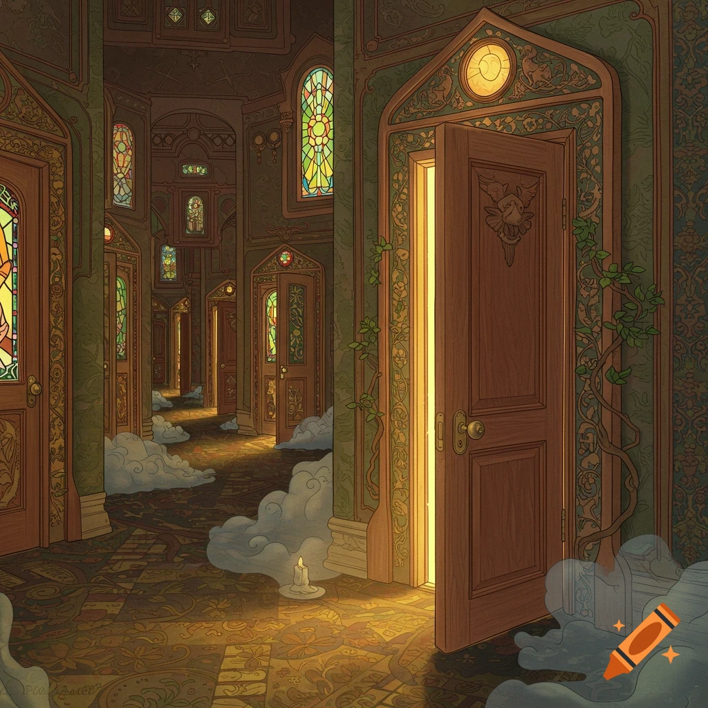 A detailed illustration of a long, ornate hallway with many doors, some open and glowing, stained glass, and mist on the patterned floor.