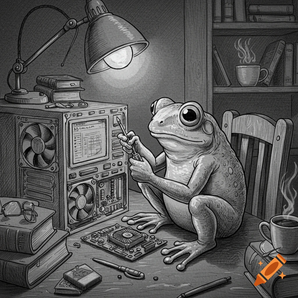 Black and white illustration of a frog working on an open computer with a screwdriver at a cluttered desk.
