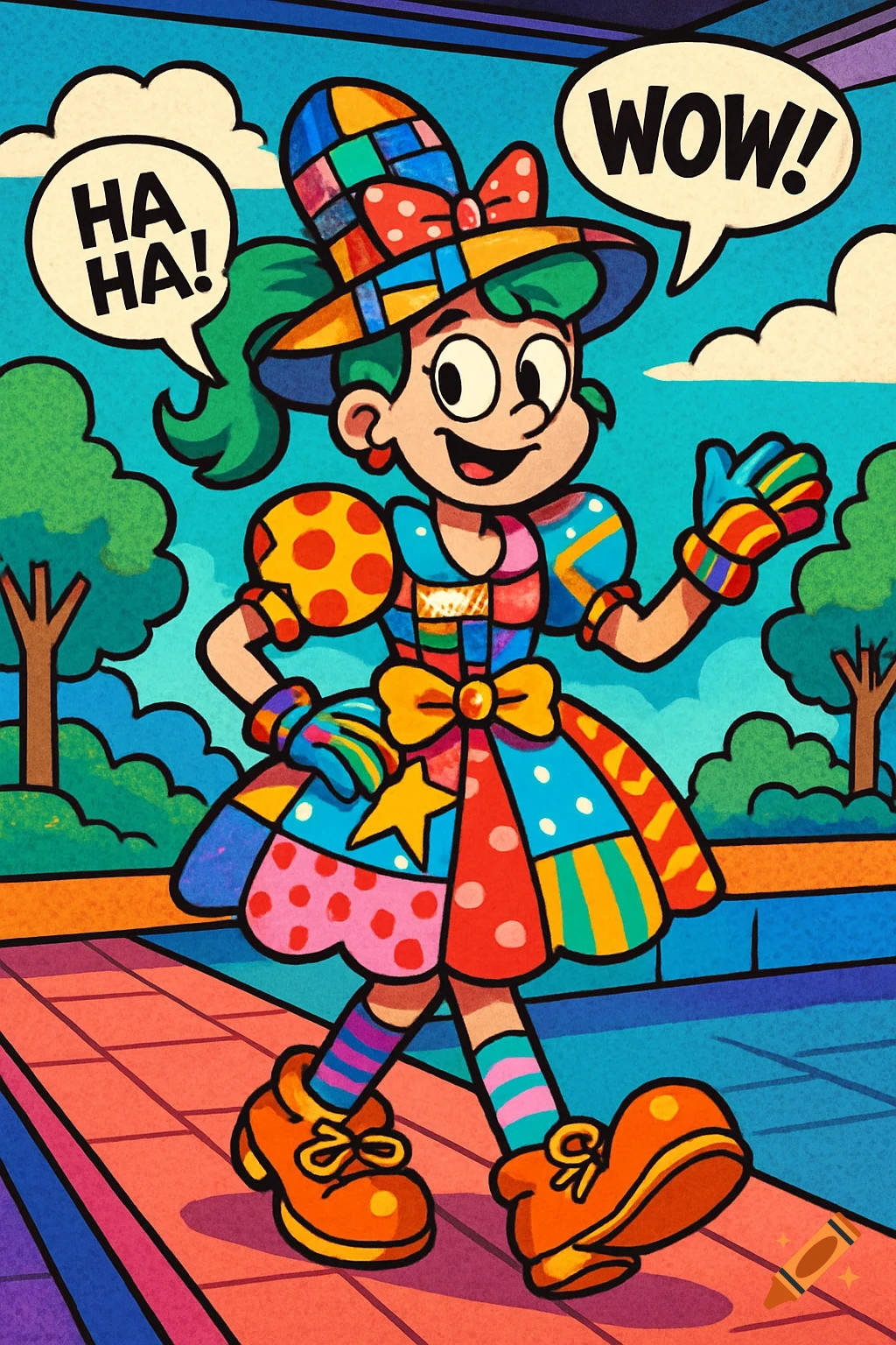 A cheerful cartoon character in a colorful patchwork dress, hat, and gloves walks outdoors with speech bubbles saying 'HA HA!' and 'WOW!'