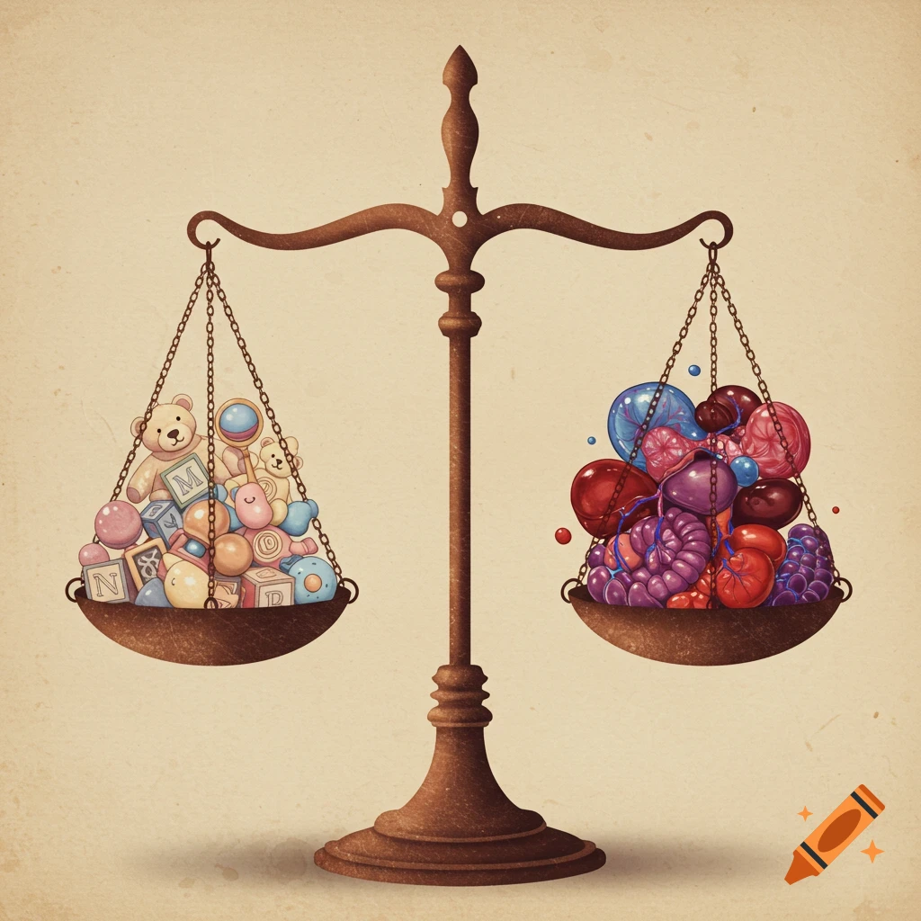 Drawing of a balance scale with colorful baby toys and blocks on one side, and stylized internal organs on the other, on a textured background.