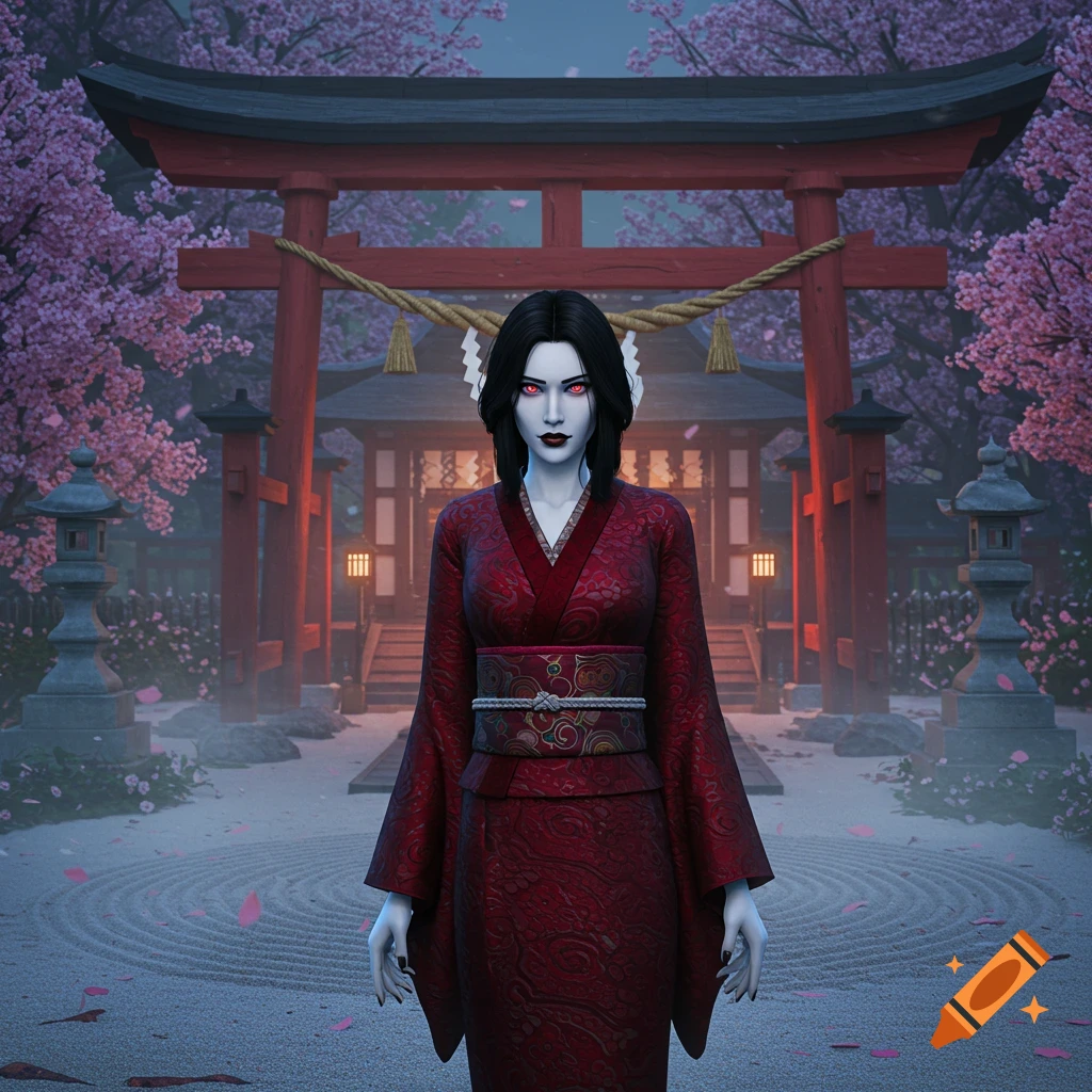 Pale vampire woman with red eyes in a red kimono stands before a Japanese temple and torii gate with pink cherry blossoms at dusk.