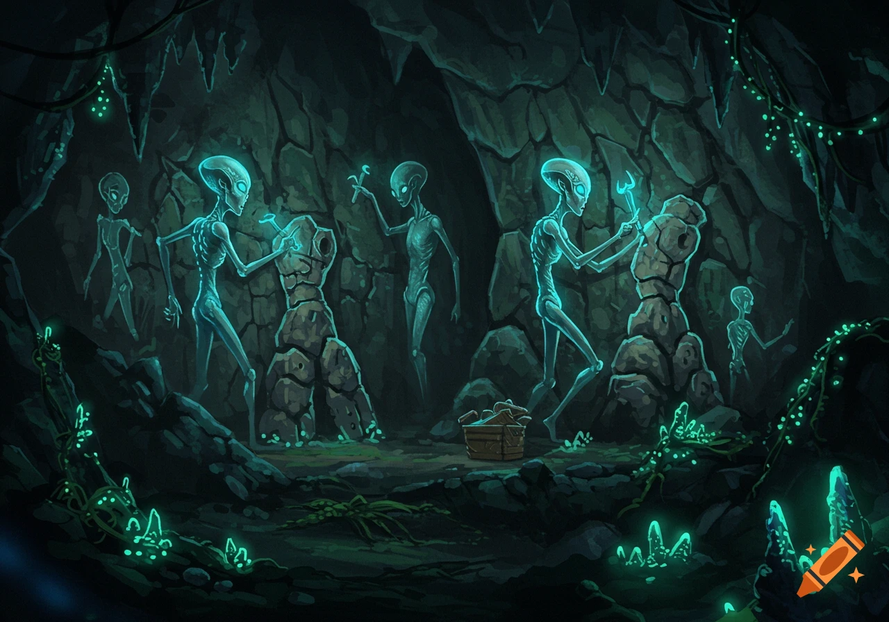 An illustration of glowing skeletal aliens carving stone constructs in a dark, bioluminescent cave.