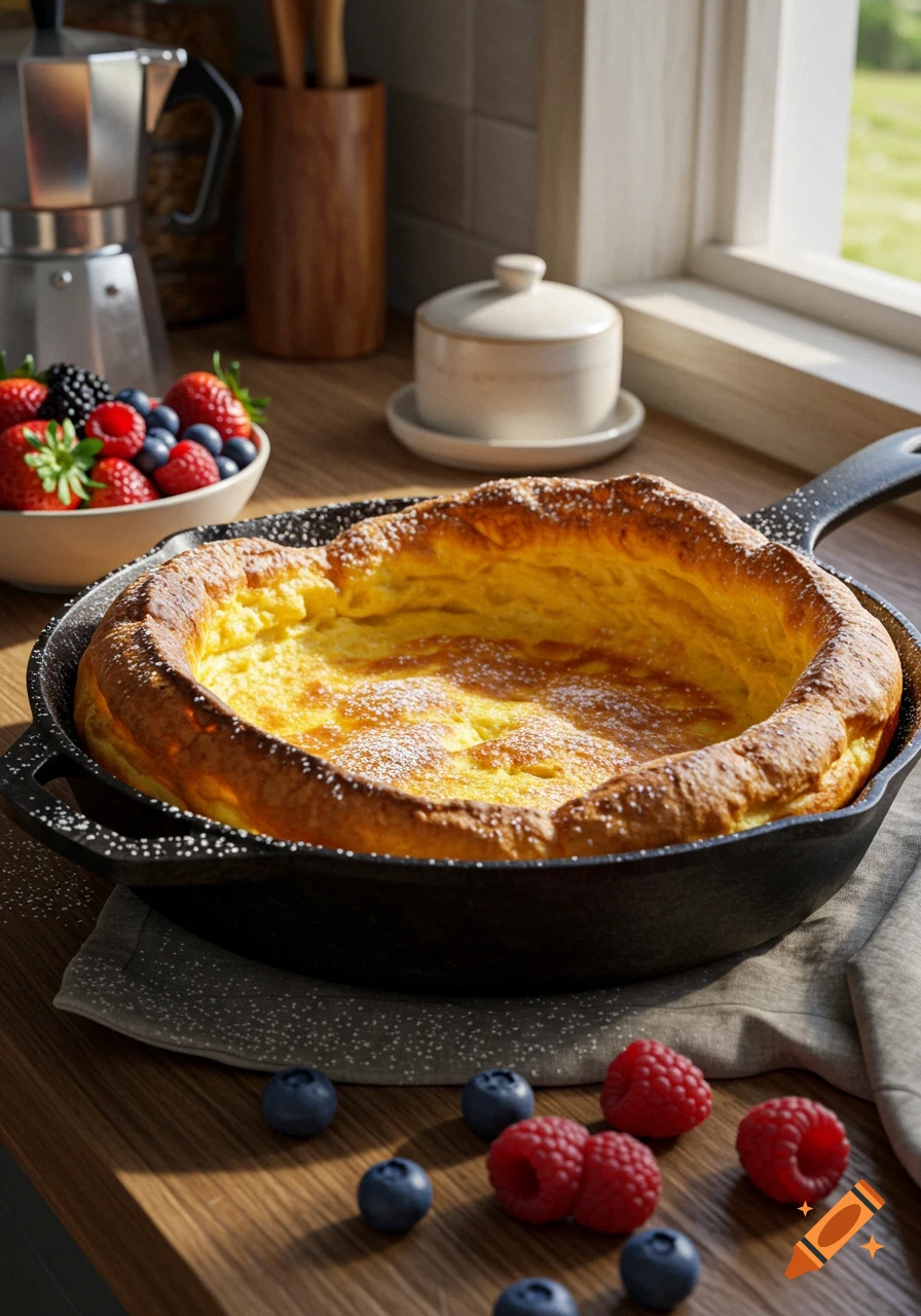 Photorealistic Dutch baby pancake in a cast iron skillet with powdered sugar and fresh berries on a sunny kitchen counter.