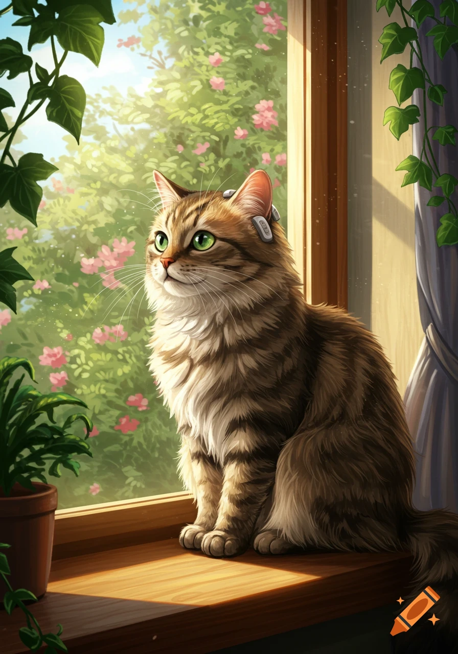 A tabby cat with green eyes and hearing aids sits on a sunlit wooden windowsill, looking out at a lush garden with pink flowers.