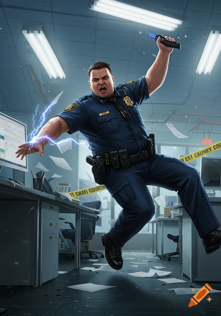 Stylized image of an angry police officer leaping through a chaotic office, generating electricity, holding a taser.