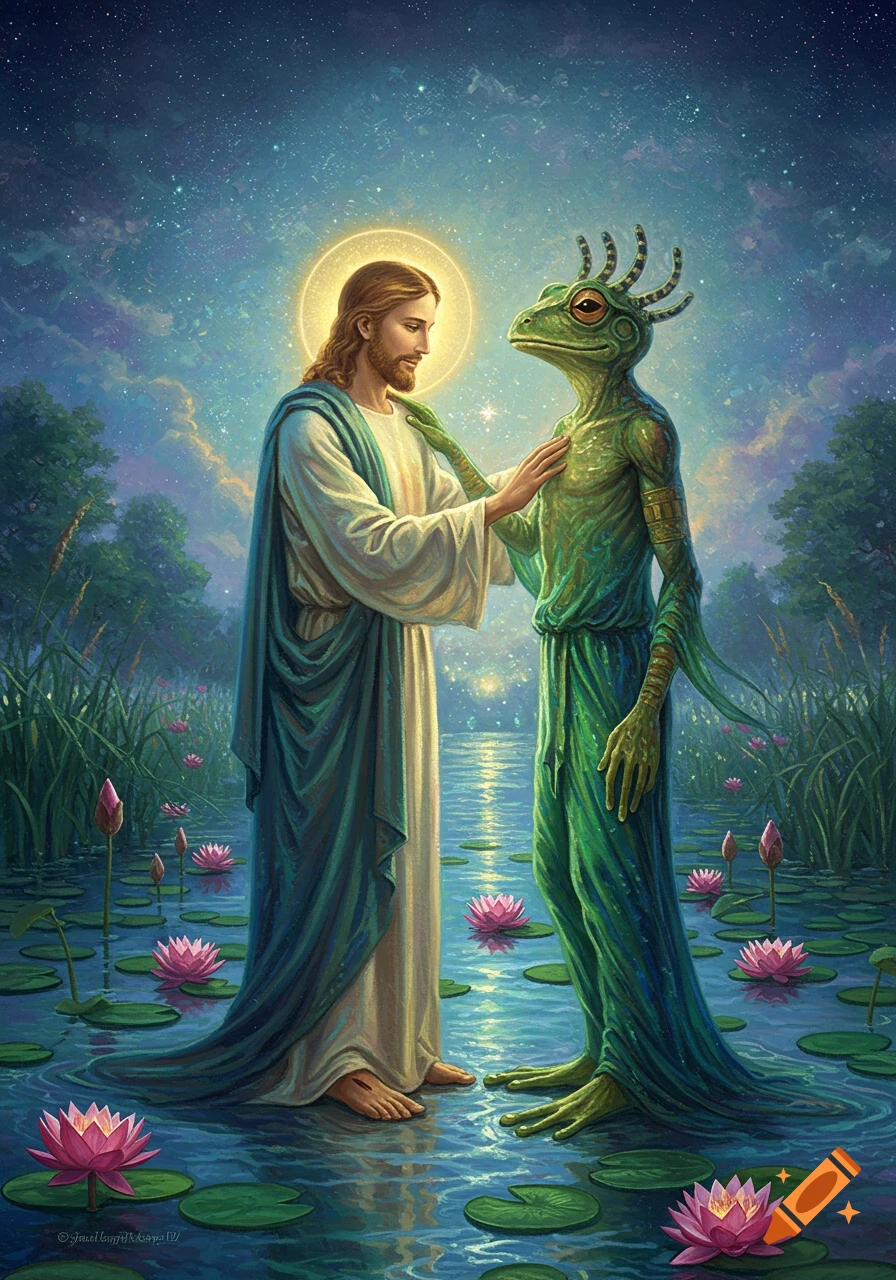Jesus with a halo touches a green, frog-like humanoid in a moonlit pond with lotus flowers under a starry sky in a painterly style.