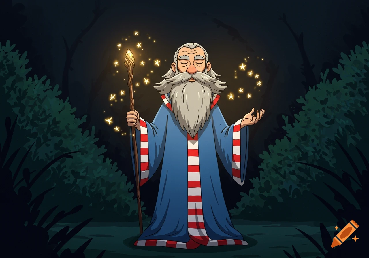 A cartoon wizard with a white beard and blue, red, and white striped robe holds a glowing staff amidst floating stars in a dark forest.