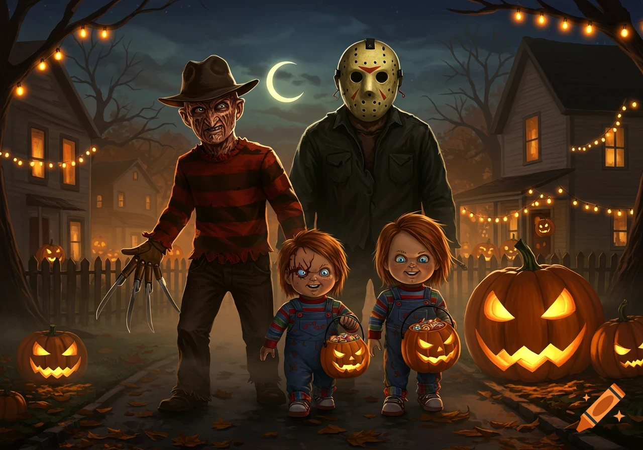 Cartoon horror characters Freddy Krueger, Jason, and two Chucky dolls trick-or-treating on a Halloween night street with jack-o'-lanterns and string lights.