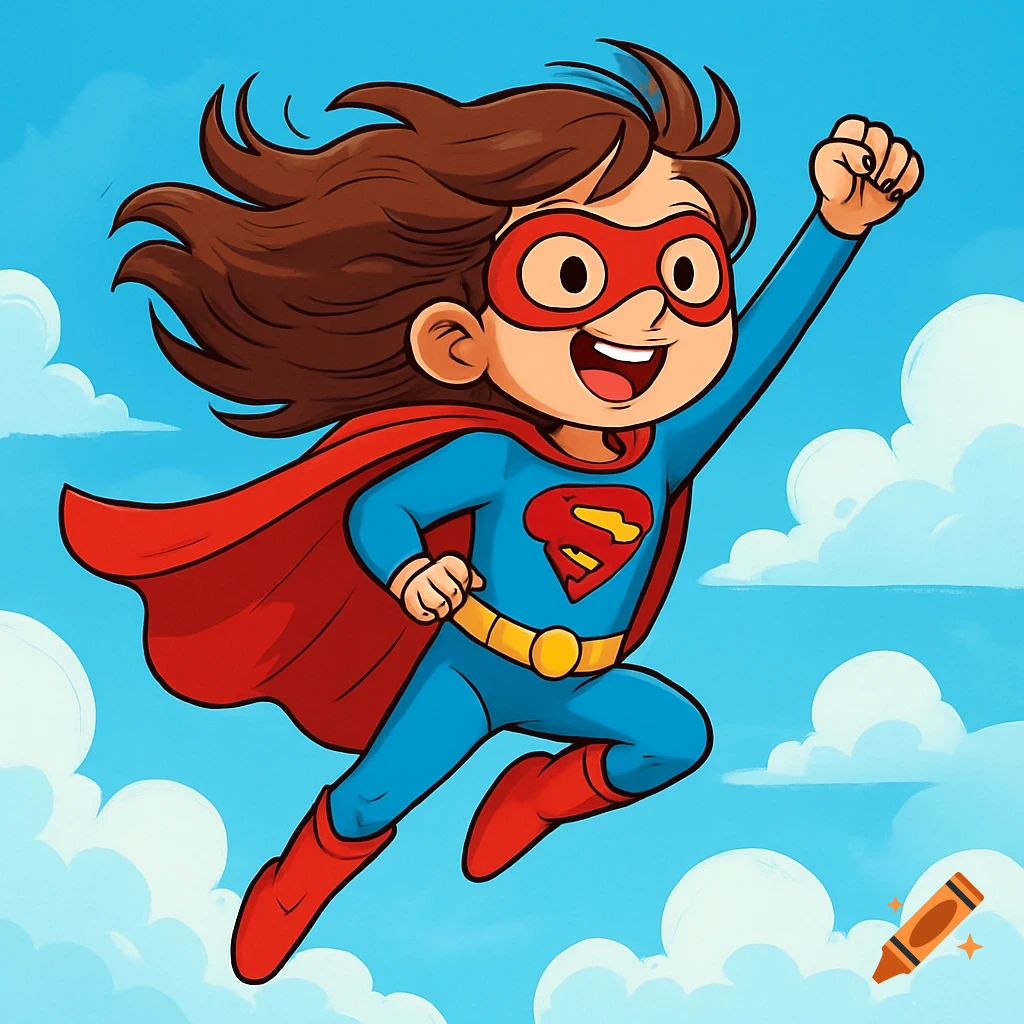 Cartoon illustration of a young girl superhero with brown hair, blue suit, red cape, and 'S' symbol, flying against a blue sky with clouds.