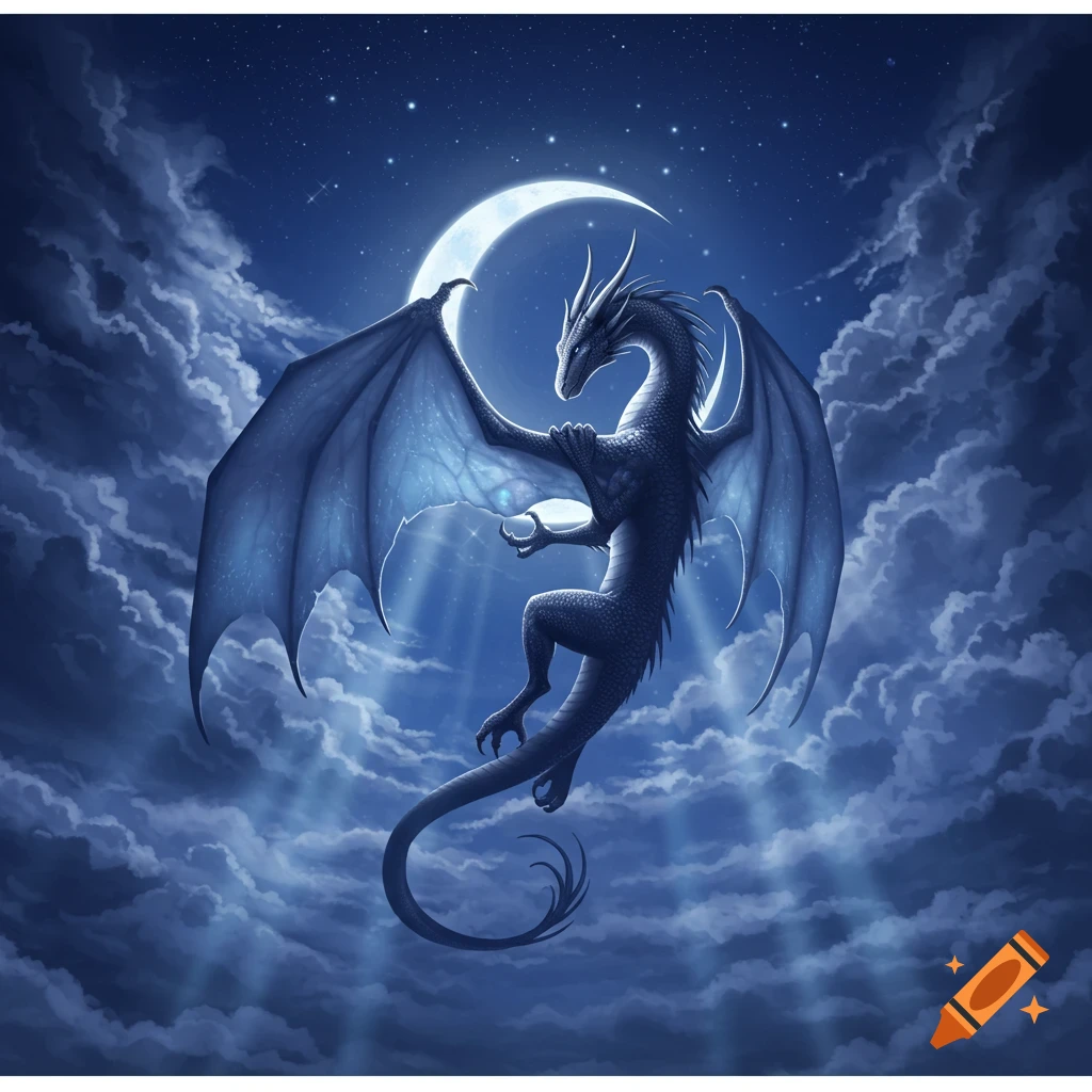 A majestic blue-grey dragon with large wings holding a crescent moon in a starry, cloudy night sky with moonbeams.