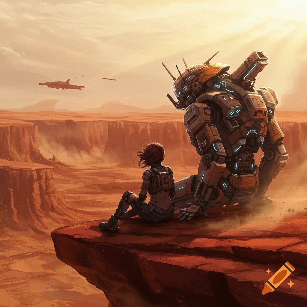 A female mech pilot sits next to a large mech on a desert canyon ledge, gazing at distant spaceships in a sci-fi landscape.